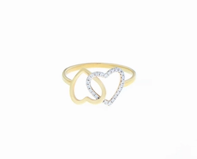 Yellow gold ring with two hearts one with diamonds