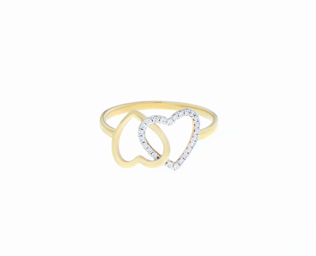 Yellow gold ring with two hearts one with diamonds