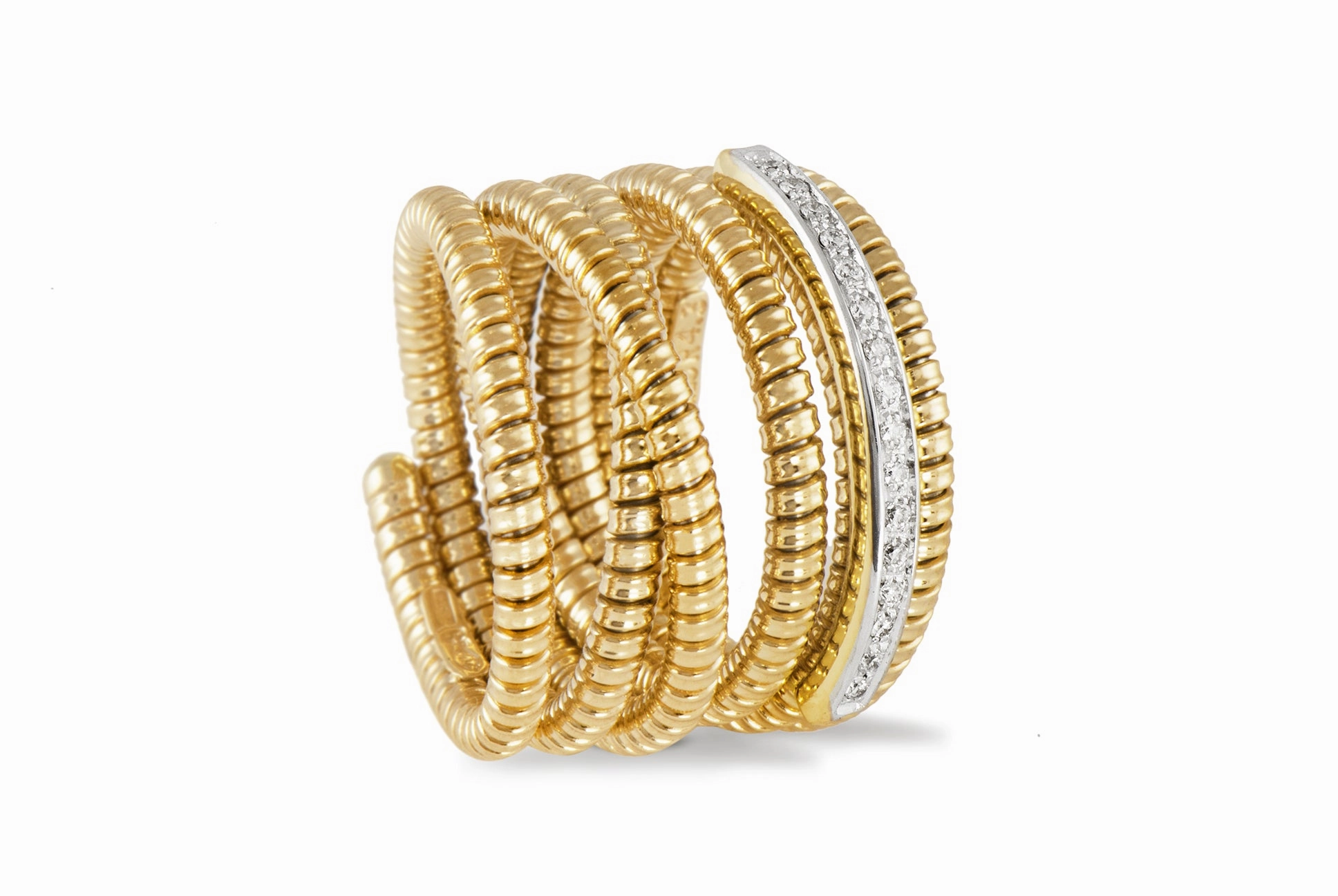 Yellow gold tubogas ring with diamonds