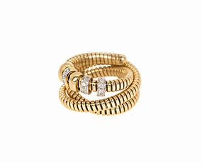 Yellow gold tubogas ring with moving diamond elements